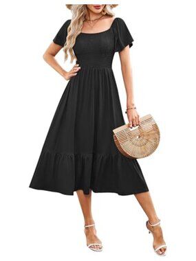 Women's Smocked Square Neck Midi Dress Flutter Sleeve Empire Waist